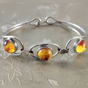 Vintage Baltic Amber Cabochons Hinged Cuff Bracelet